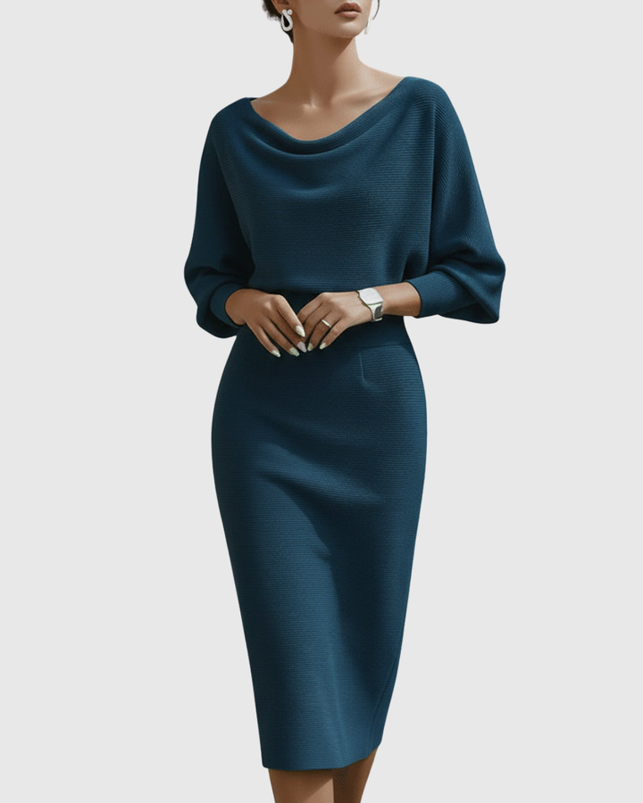 Ismeria | Women's Draped Batwing Midi Dress with Cowl Neckline