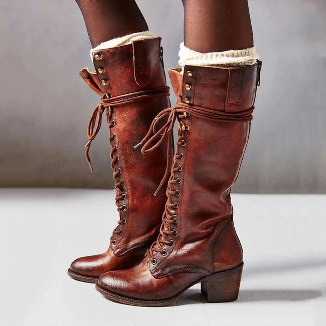 Amelia | Women’s Lace-Up Knee-High Boots with Block Heel