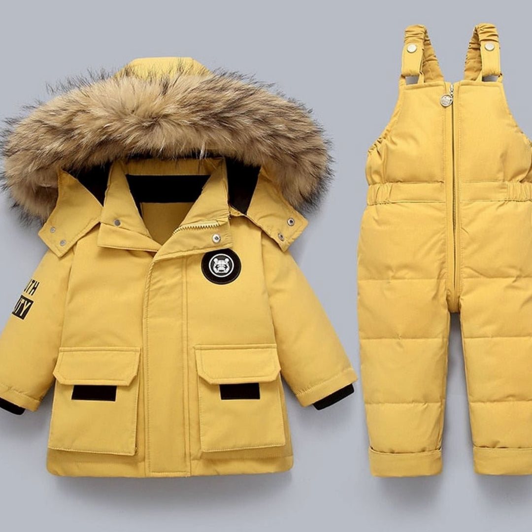 Kids Padded Winter Snowsuit Faux Fur Hood Jacket Dungaree Set - Yellow