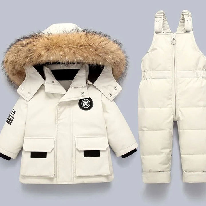 Kids Padded Winter Snowsuit Faux Fur Hood Jacket Dungaree Set - White