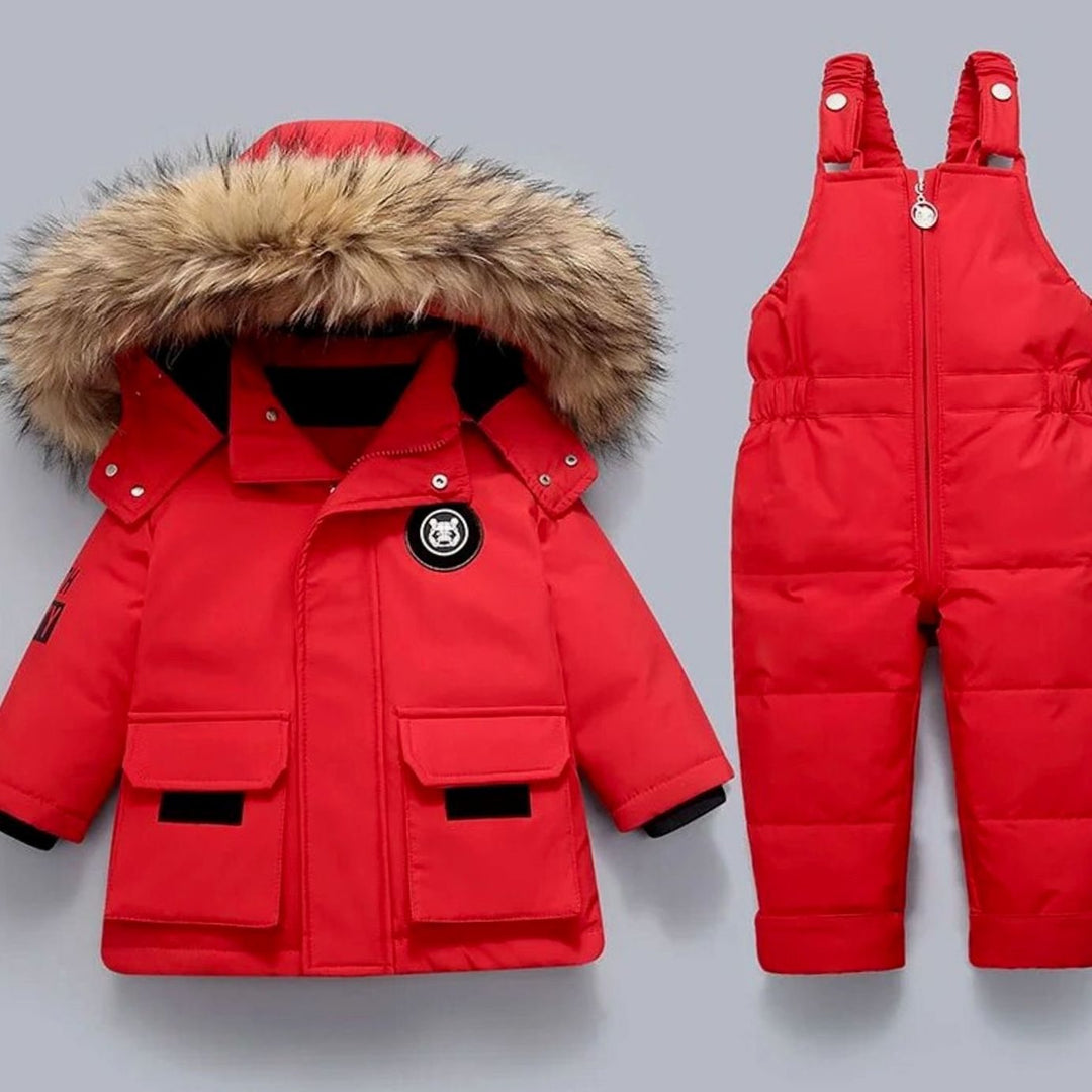 Kids Padded Winter Snowsuit Faux Fur Hood Jacket Dungaree Set - Red