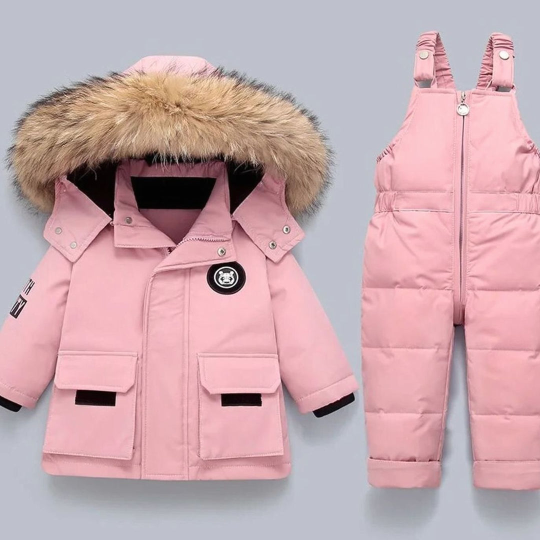 Kids Padded Winter Snowsuit Faux Fur Hood Jacket Dungaree Set - Pink