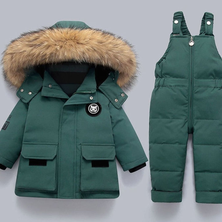 Kids Padded Winter Snowsuit Faux Fur Hood Jacket Dungaree Set - Green