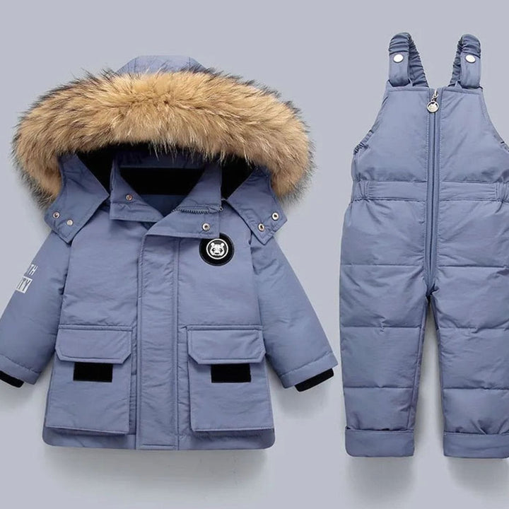 Kids Padded Winter Snowsuit Faux Fur Hood Jacket Dungaree Set - Light Blue