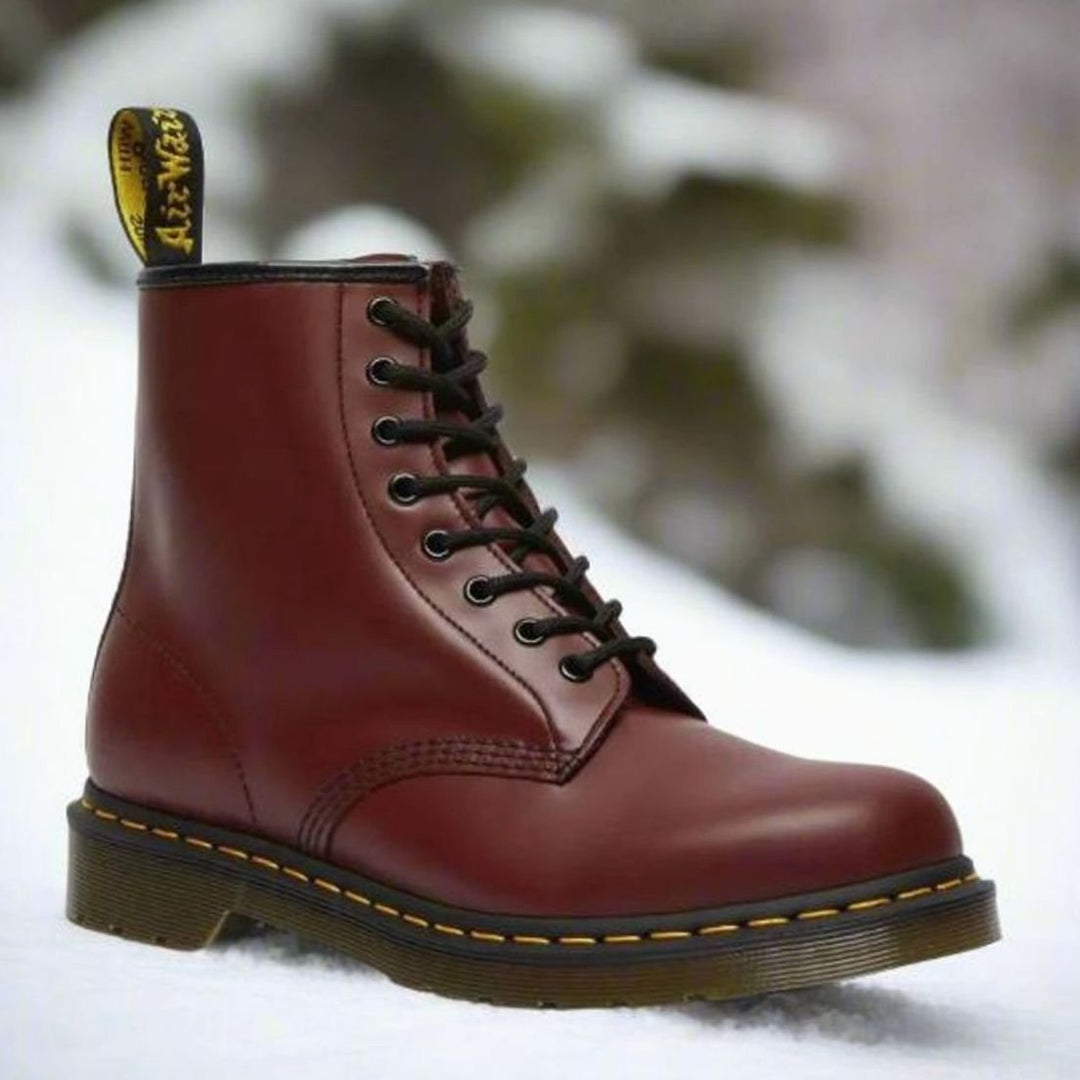 Men's Black Leather-Look Lace-Up Ankle Boots - Burgundy