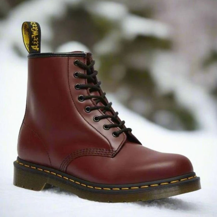 Men's Black Leather-Look Lace-Up Ankle Boots - Burgundy