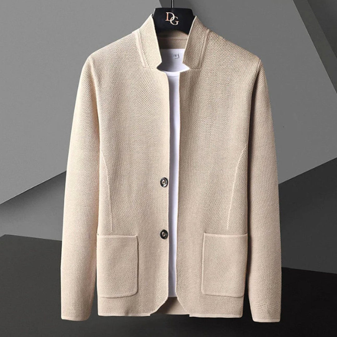 Men's Collarless Wool Blend Tailored Knit Cardigan Jacket - Beige