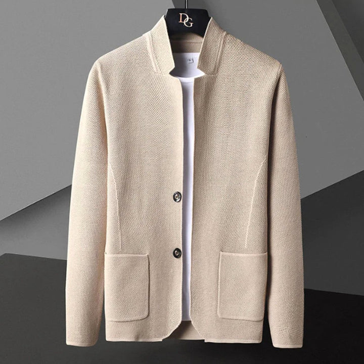 Men's Collarless Wool Blend Tailored Knit Cardigan Jacket - Beige