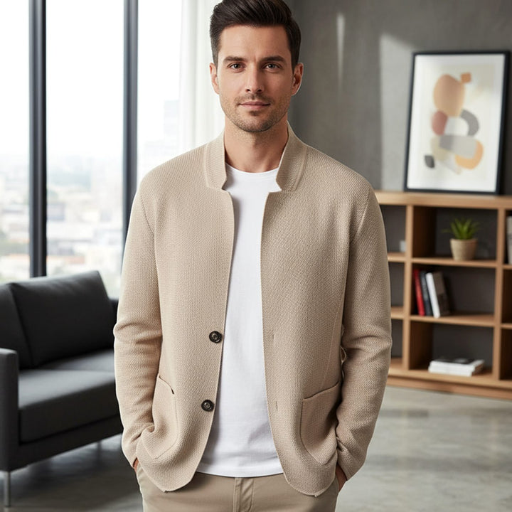 Men's Collarless Wool Blend Tailored Knit Cardigan Jacket