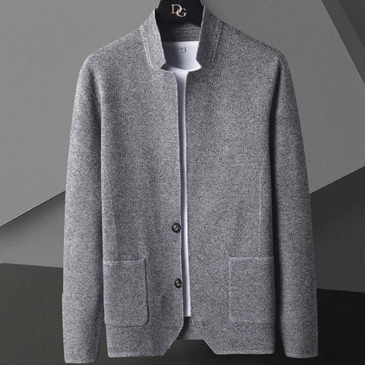 Men's Collarless Wool Blend Tailored Knit Cardigan Jacket - Grey