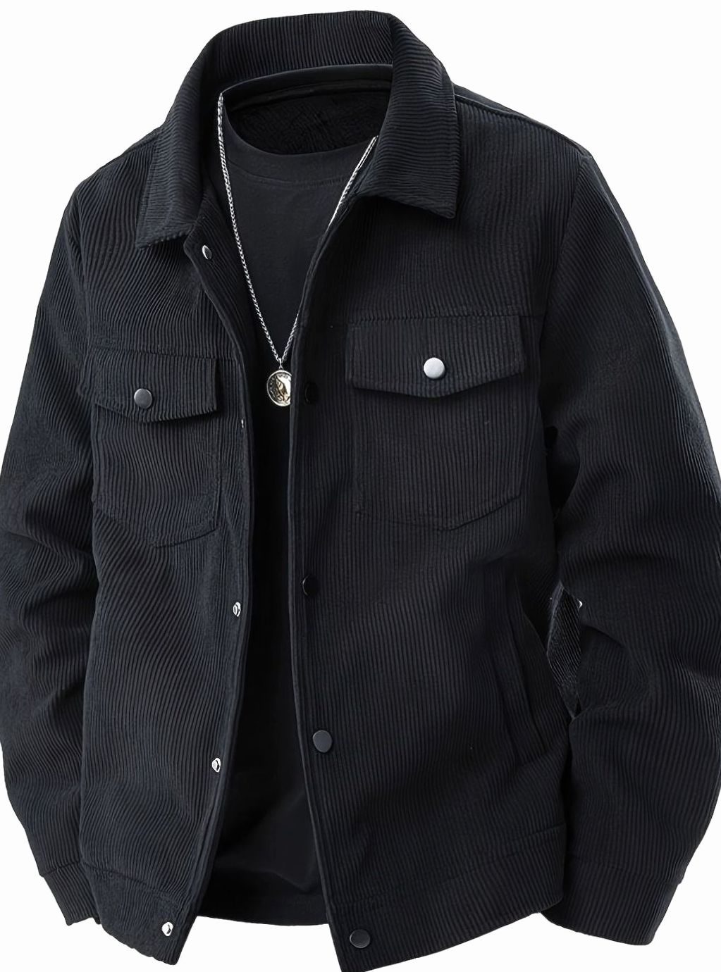 Men's Corduroy Snap-Button Shirt Jacket with Chest Pockets - Black