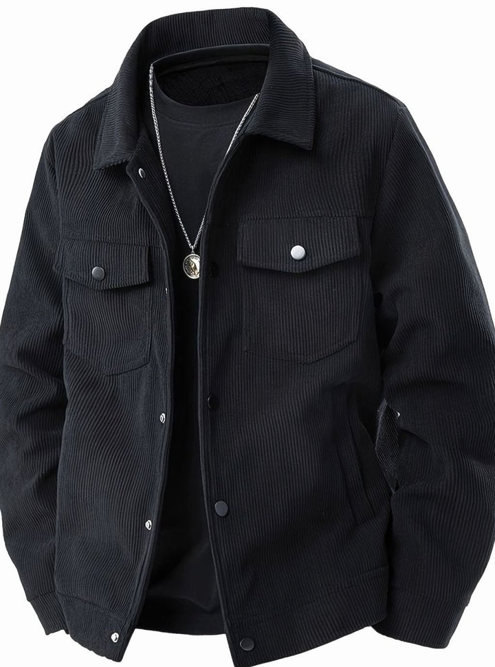 Men's Corduroy Snap-Button Shirt Jacket with Chest Pockets - Black