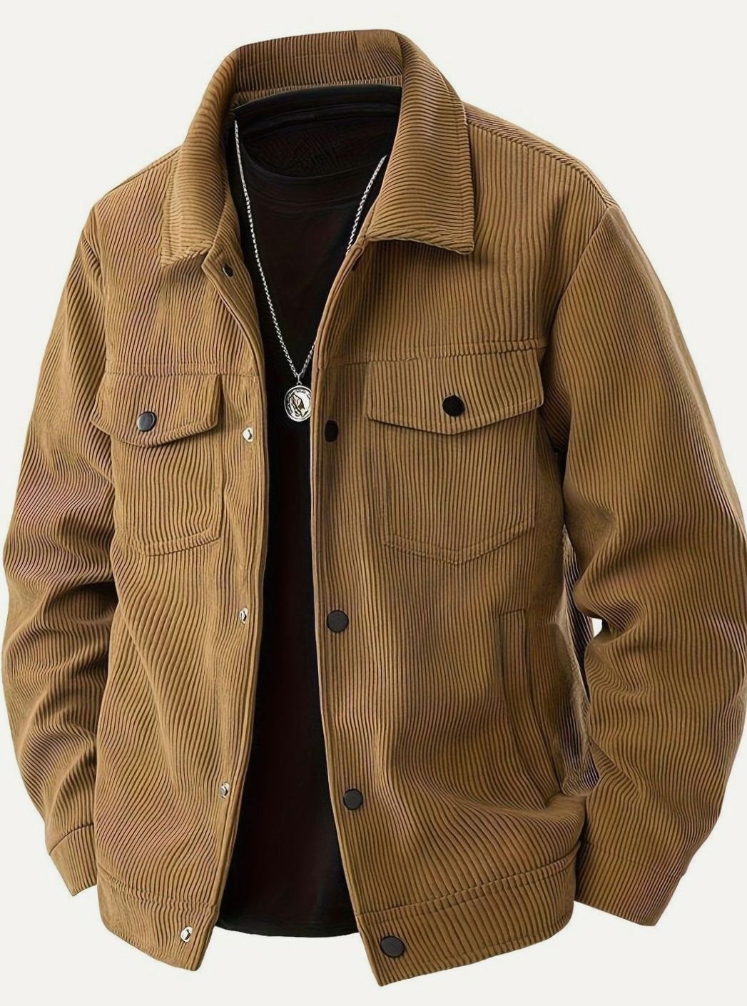 Men's Corduroy Snap-Button Shirt Jacket with Chest Pockets - Brown