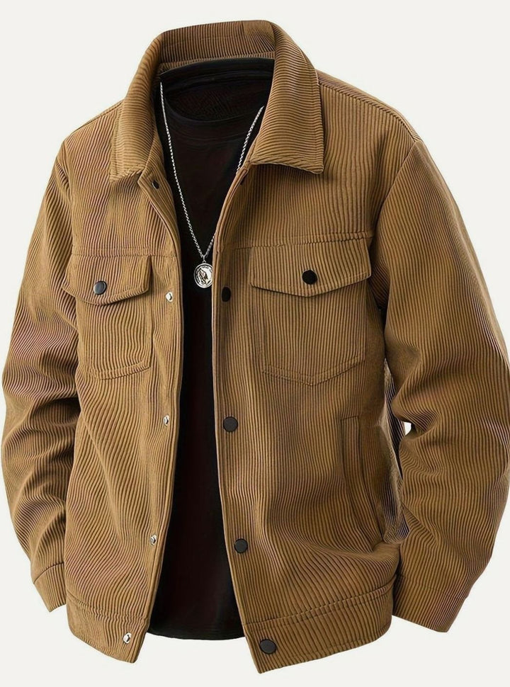 Men's Corduroy Snap-Button Shirt Jacket with Chest Pockets - Brown