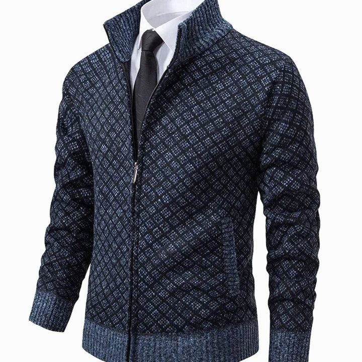 Men's Diamond-Knit Full-Zip Stand-Collar Cardigan Jacket - Blue