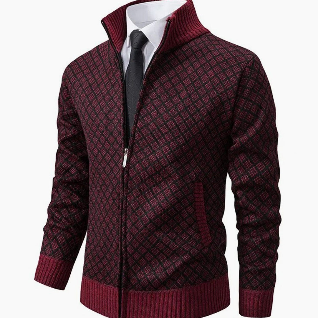 Men's Diamond-Knit Full-Zip Stand-Collar Cardigan Jacket - Burgundy