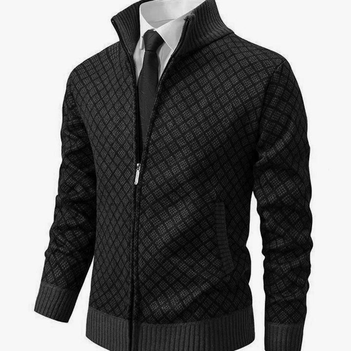 Men's Diamond-Knit Full-Zip Stand-Collar Cardigan Jacket - Black