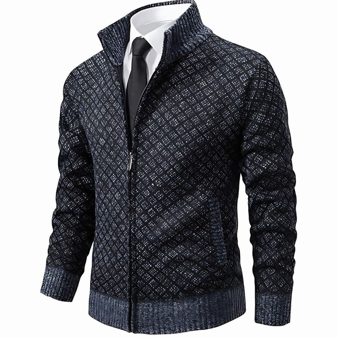 Men's Diamond-Knit Full-Zip Stand-Collar Cardigan Jacket - Dark Grey