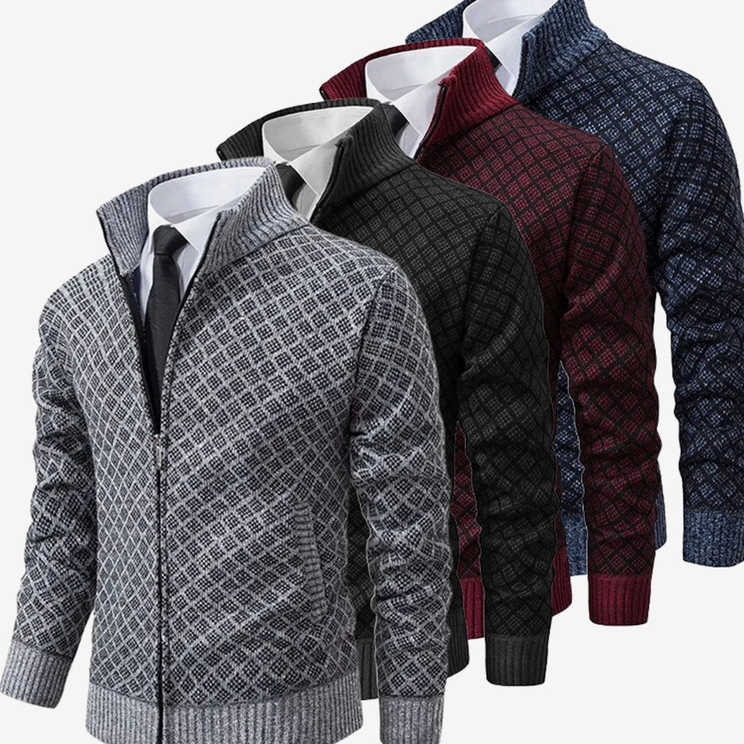 Men's Diamond-Knit Full-Zip Stand-Collar Cardigan Jacket