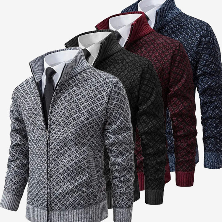 Men's Diamond-Knit Full-Zip Stand-Collar Cardigan Jacket