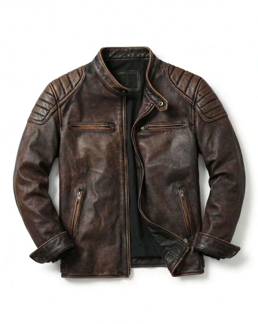 Men's Distressed Full-Grain Leather Biker Jacket - Dark Brown