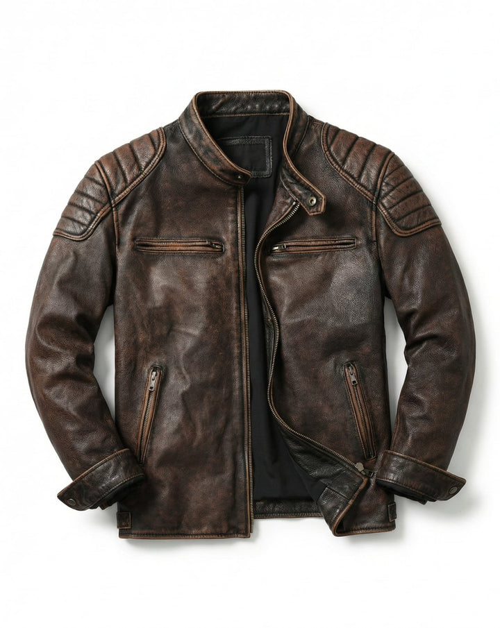 Men's Distressed Full-Grain Leather Biker Jacket - Dark Brown