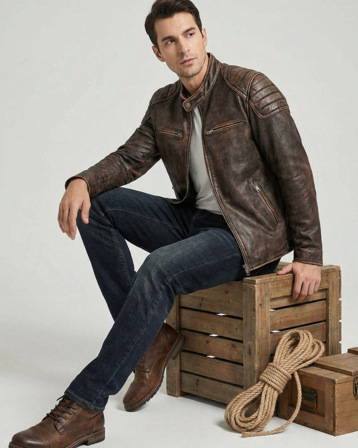 Men's Distressed Full-Grain Leather Biker Jacket
