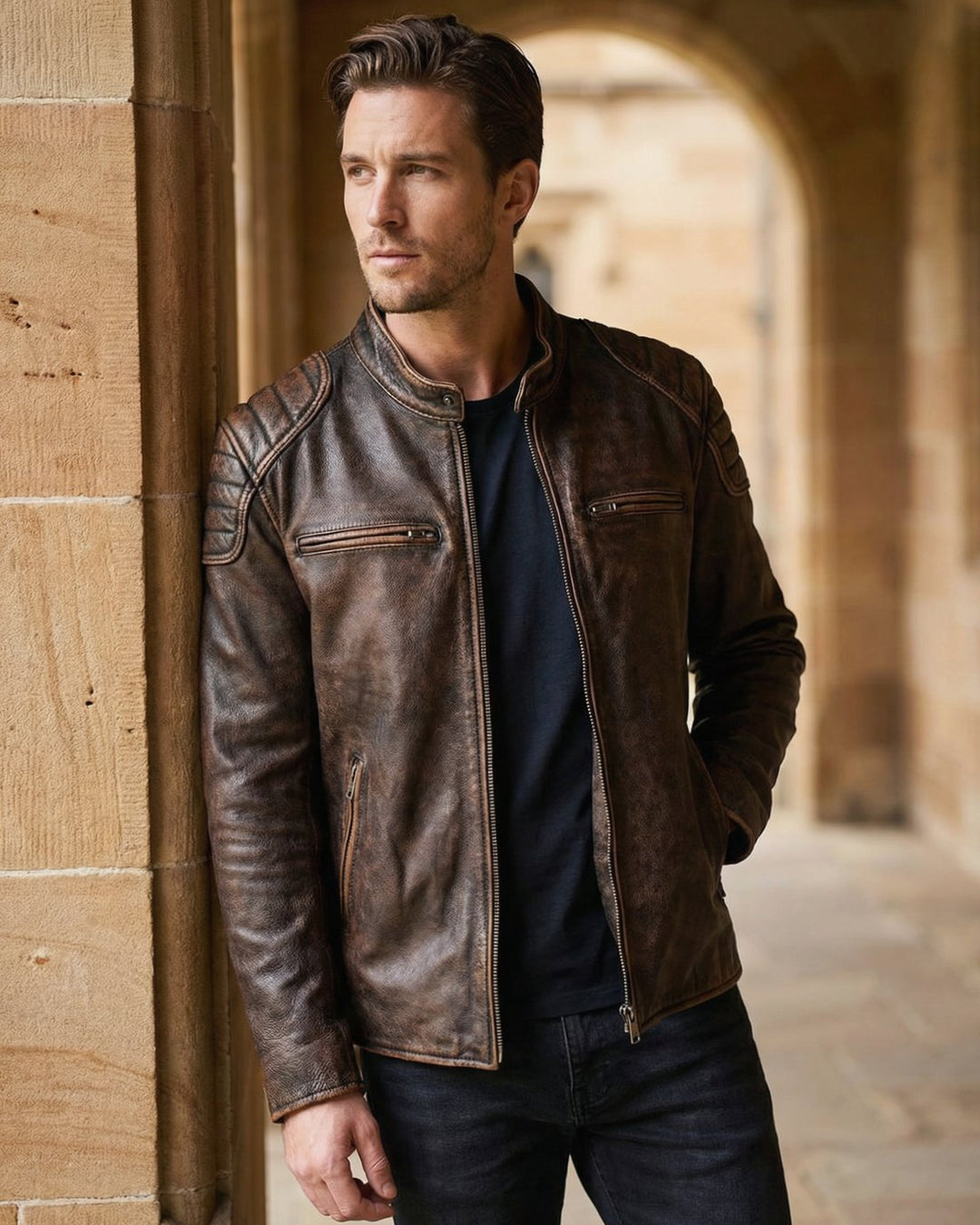 Men's Distressed Full-Grain Leather Biker Jacket