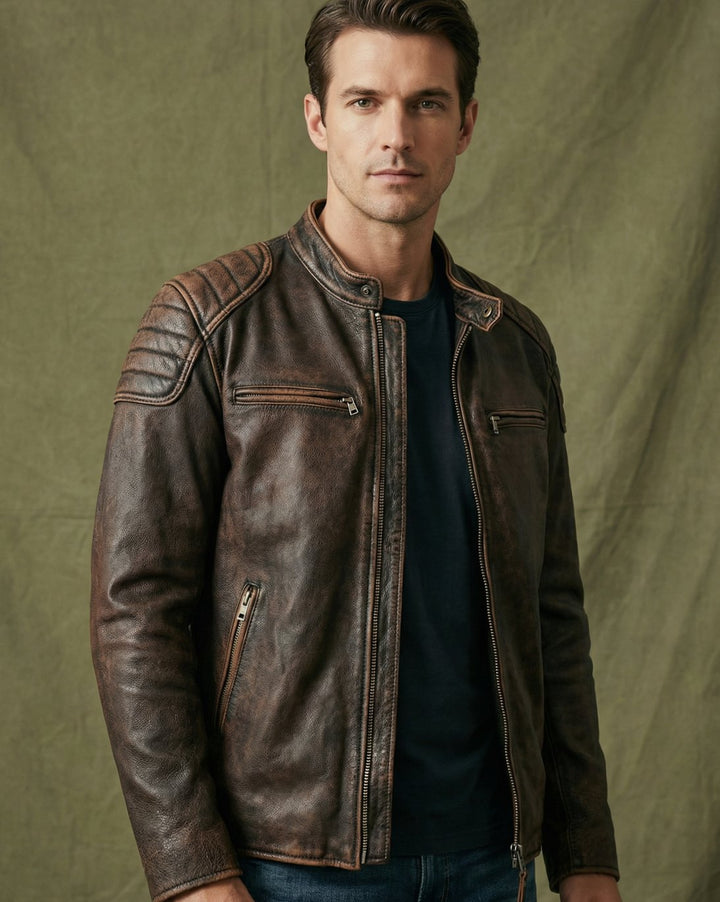 Men's Distressed Full-Grain Leather Biker Jacket