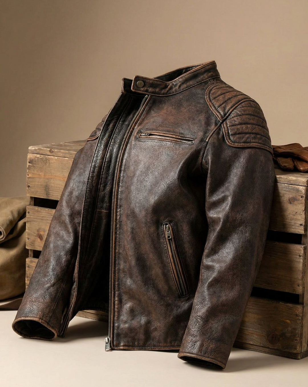 Men's Distressed Full-Grain Leather Biker Jacket
