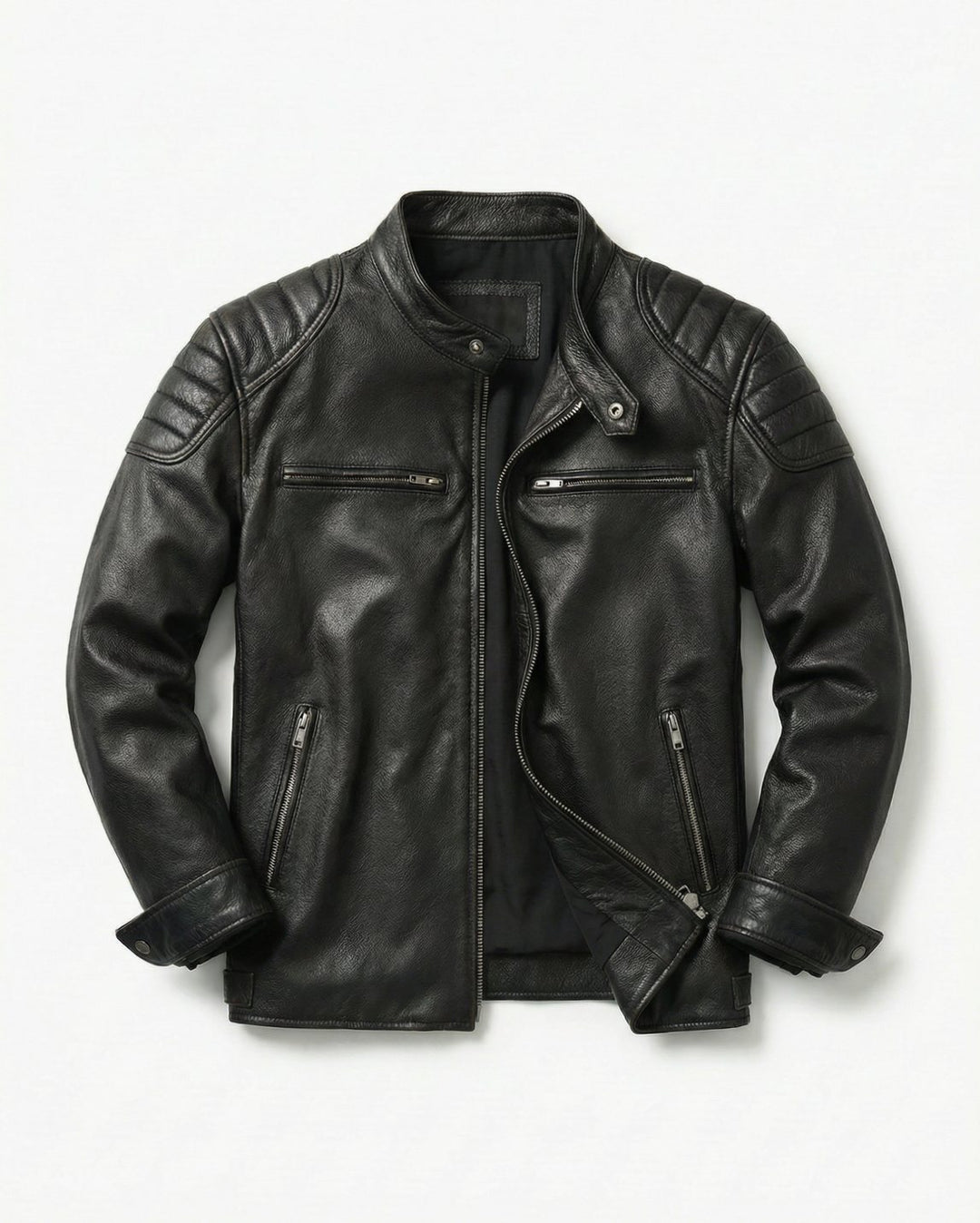 Men's Distressed Full-Grain Leather Biker Jacket - Black