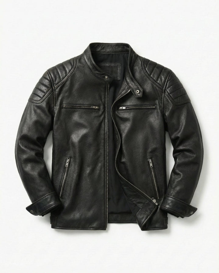 Men's Distressed Full-Grain Leather Biker Jacket - Black