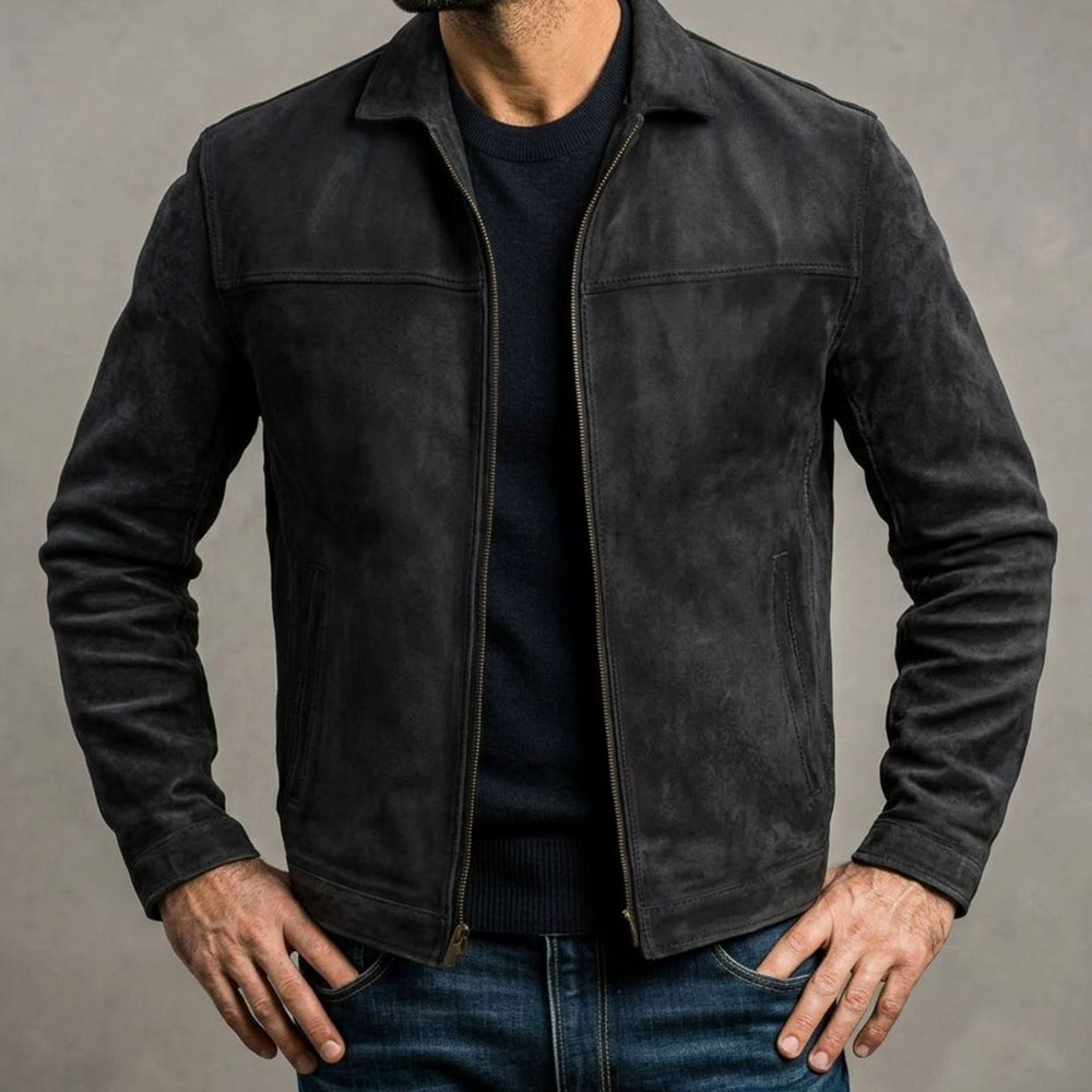 Men's Distressed Genuine Leather Zip-Up Trucker Jacket - Blue