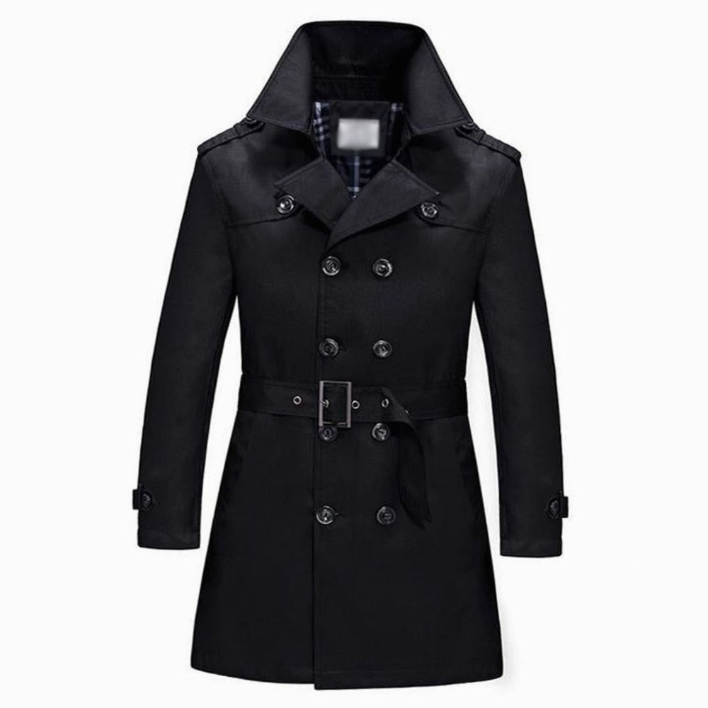Men's Double-Breasted Belted Slim-Fit Trench Coat - Black