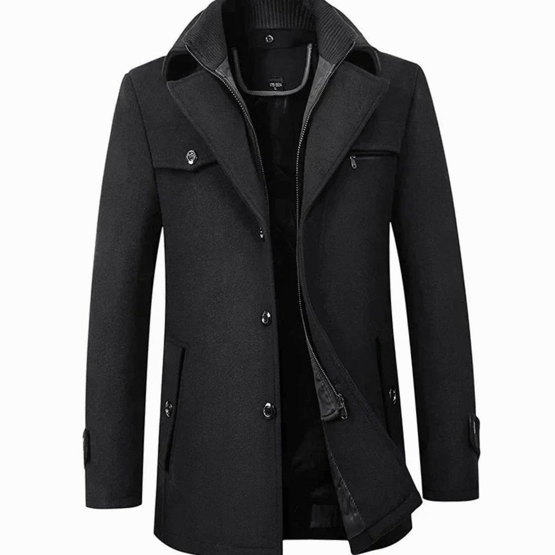 Men's Double-Collar Button-Zip Winter Coat - Black
