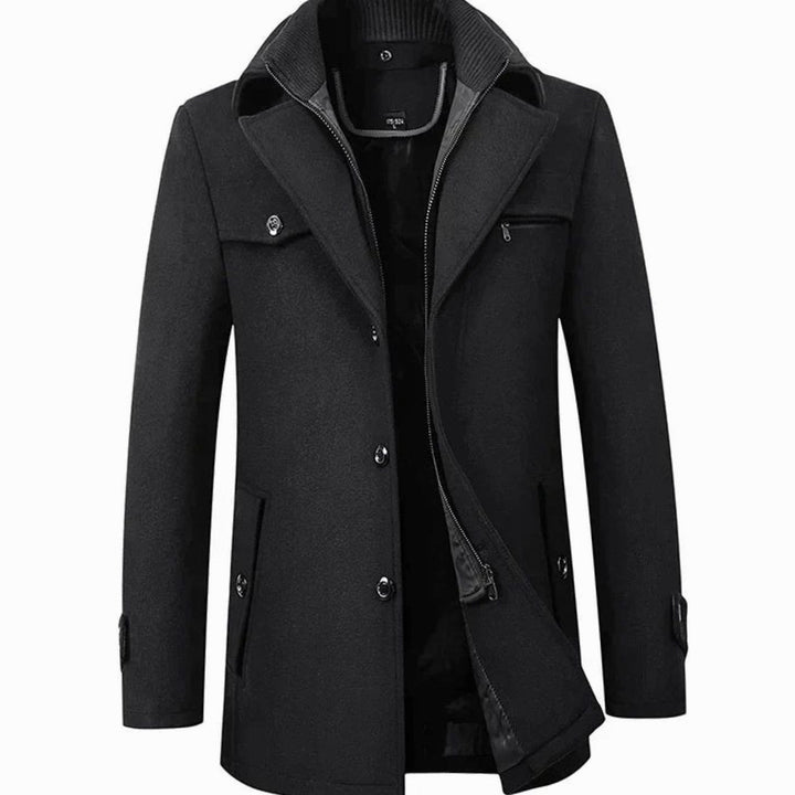 Men's Double-Collar Button-Zip Winter Coat - Black