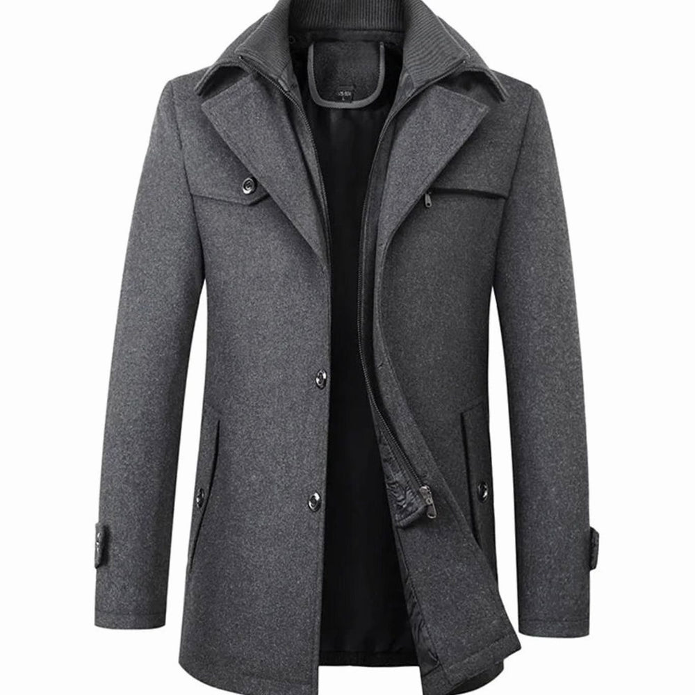 Men's Double-Collar Button-Zip Winter Coat - Grey