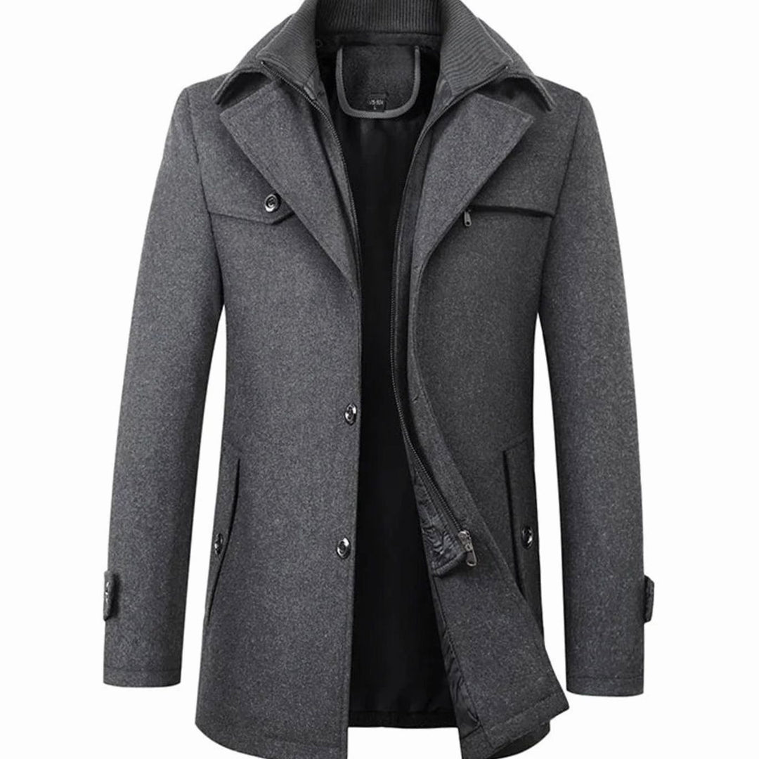 Men's Double-Collar Button-Zip Winter Coat - Grey