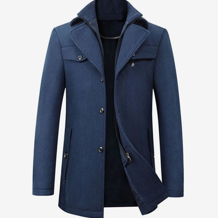 Men's Double-Collar Button-Zip Winter Coat - Blue