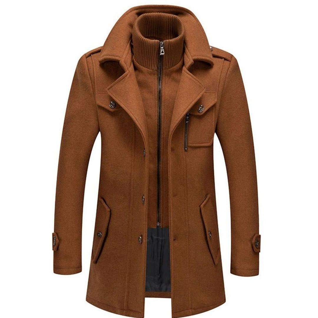 Men's Double-Layer Slim-Fit Wool-Look Winter Overcoat - Brown