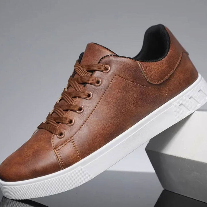 Men's Faux Leather Lace-Up Flatform Casual Trainers - Brown