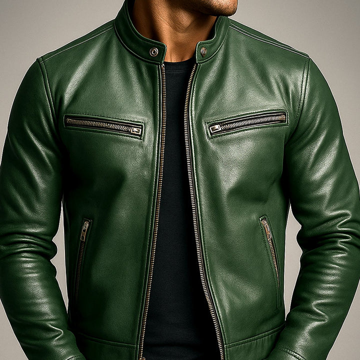Men's Faux Leather Slim-Fit Zip-Up Biker Jacket - Green