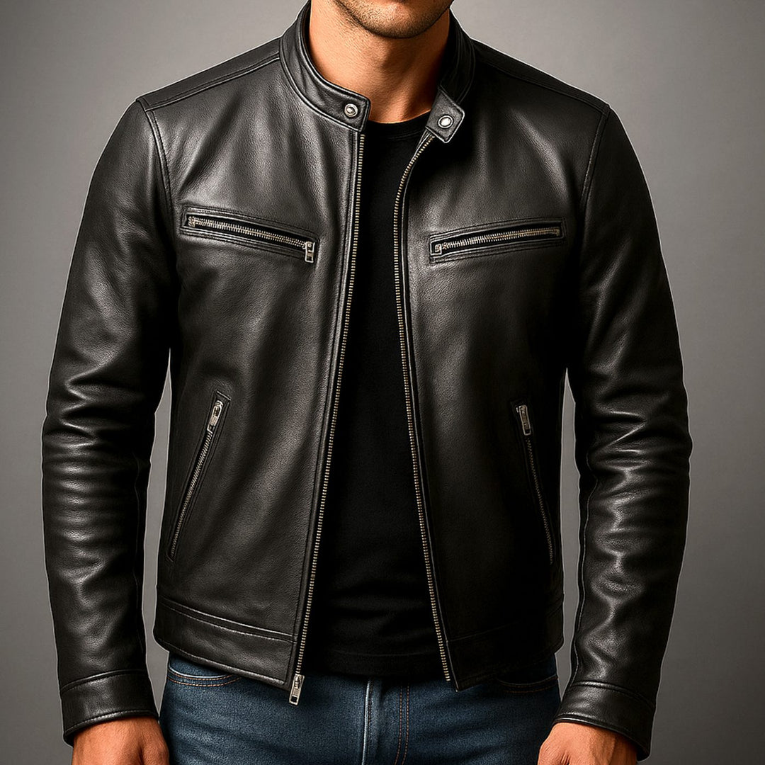 Men's Faux Leather Slim-Fit Zip-Up Biker Jacket - Black