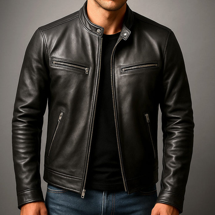 Men's Faux Leather Slim-Fit Zip-Up Biker Jacket - Black
