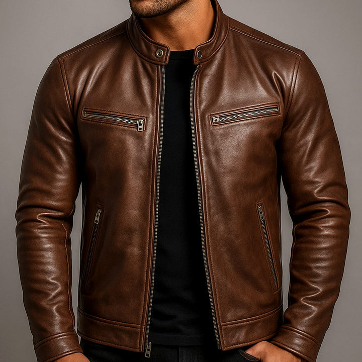 Men's Faux Leather Slim-Fit Zip-Up Biker Jacket - Brown