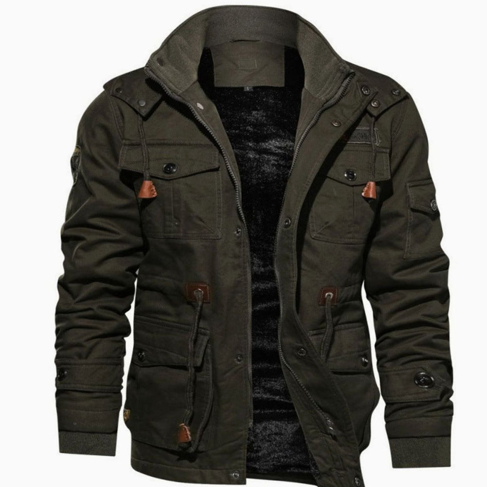 Men's Fleece-Lined Multi-Pocket Winter Cargo Jacket - Green
