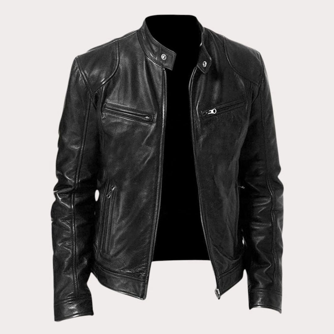 Men's Genuine Leather Biker Jacket Band Collar Multi-Zip - Black