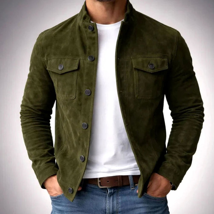 Men's Italian Suede Stand-Collar Button-Up Jacket - Green