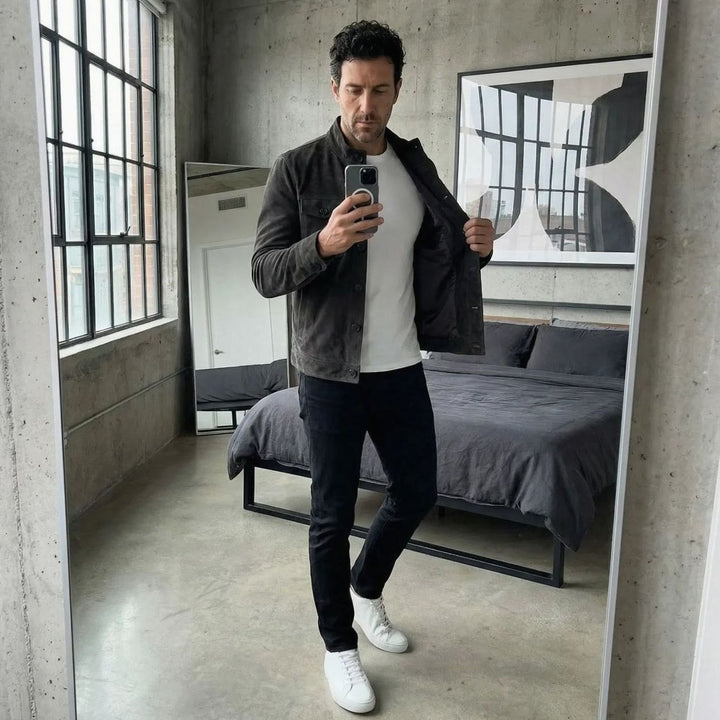 Men's Italian Suede Stand-Collar Button-Up Jacket