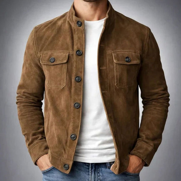 Men's Italian Suede Stand-Collar Button-Up Jacket - Brown